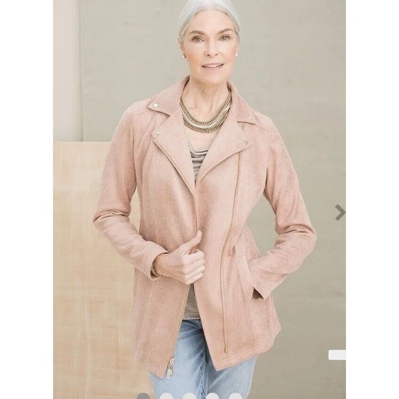Chico’s NWT Faux Suede Elongated Moto Zippered Pink Jacket Size 1 Or Med Womens